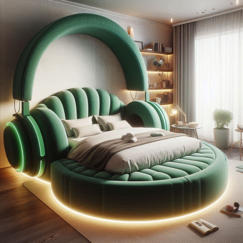 How can I incorporate a headphone-shaped bed into my room decor creatively?