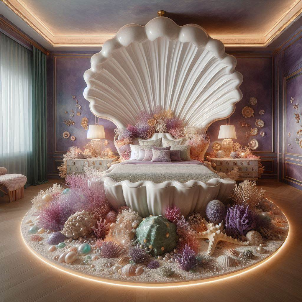 Queen Seashell Shaped Bed with Velvet Upholstery